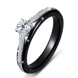 Elegant Black Ceramic and Silver Ring with Diamond Accent